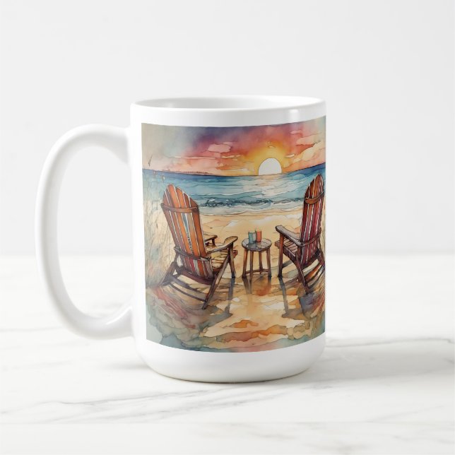Watercolor Beach Sunset Coffee Mug, Ocean Waves Coffee Mug (Left)