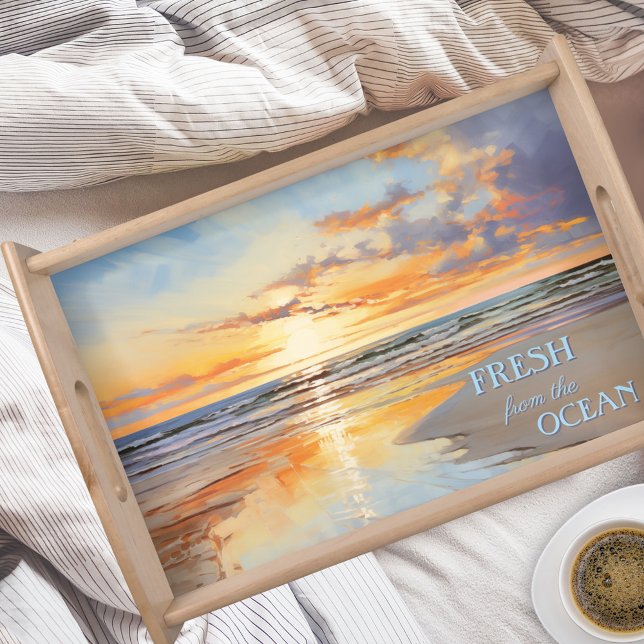 Watercolor Beach Sunset Ocean Serving Tray (Serving tray featuring a watercolor painting of a sunset on the beach. Perfect for a beach house)