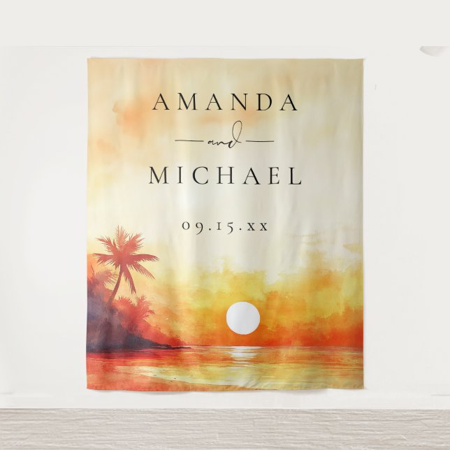Watercolor Beach Sunset Wedding Photo Backdrop (Front)
