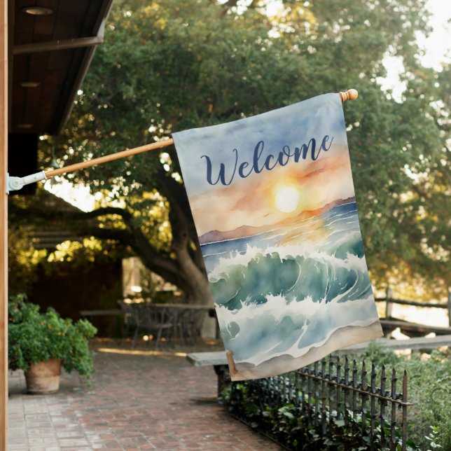 Watercolor Beach Sunset Welcome  House Flag (In SItu)