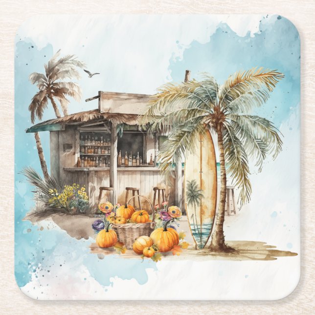 Watercolor Beach Thanksgiving Square Paper Coaster (Front)