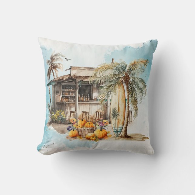 Watercolor Beach Thanksgiving Throw Pillow (Front)
