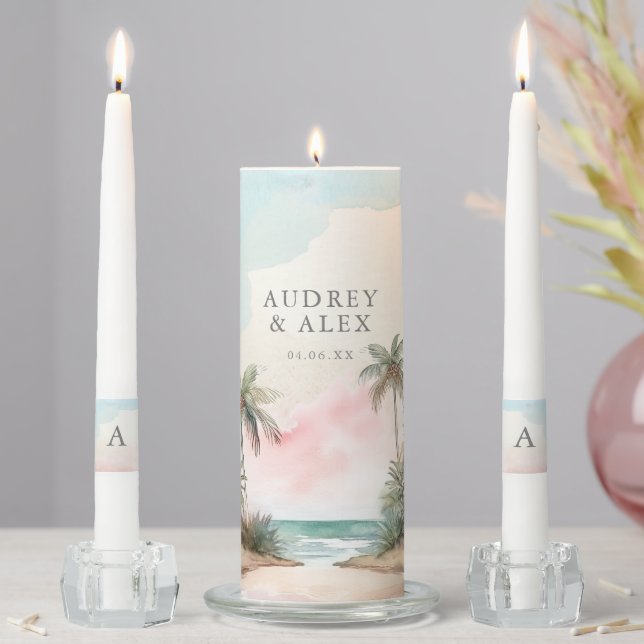 Watercolor Beach Themed Wedding Unity Candle Set (In Situ)