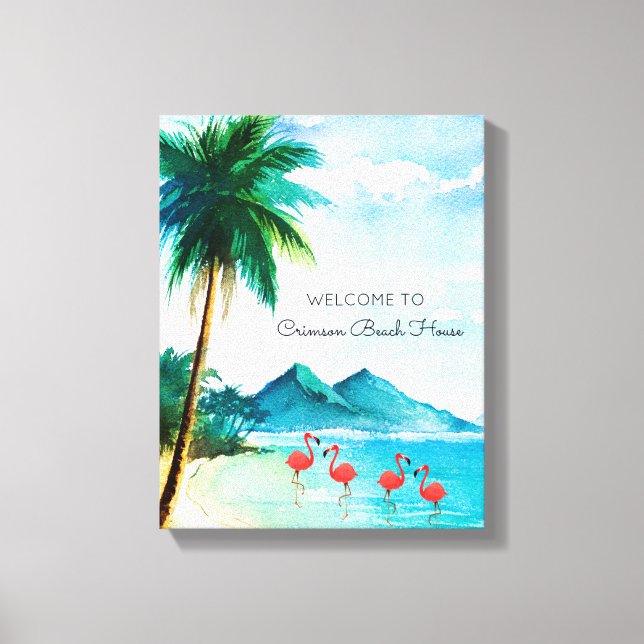 Watercolor Beach Tropical Blue Green Flamingo Canvas Print (Front)