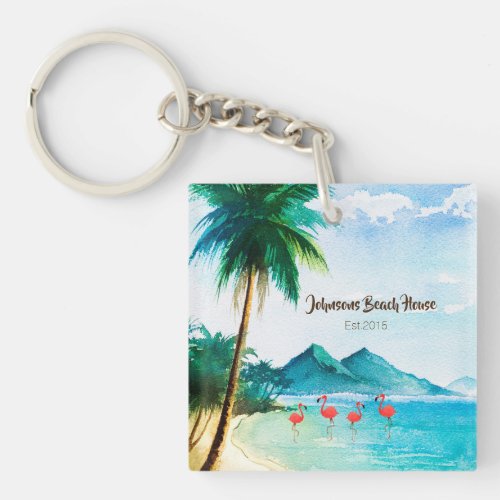 Watercolor Beach Tropical Blue Green  Keychain