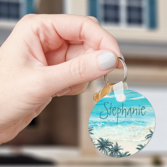 Watercolor Beach Tropical Name Monogram Keychain (Creator Uploaded)