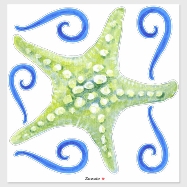 Watercolor Beach Wave Swirls Green Starfish Art Sticker (Sheet)