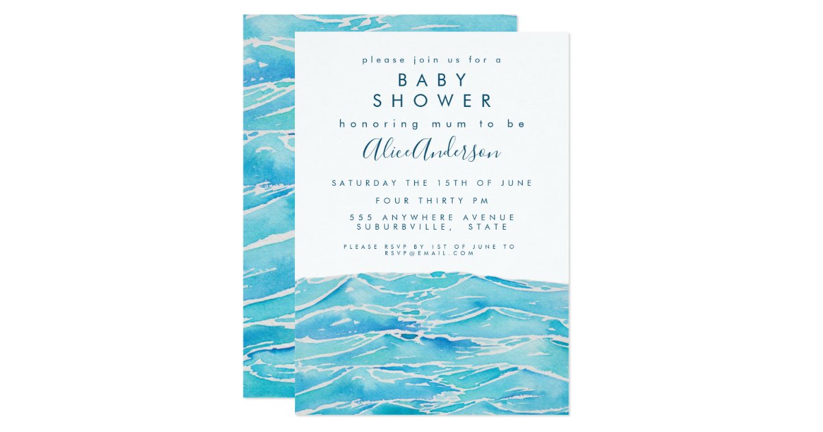 Watercolor Beach Waves Coast Peninsula Baby Shower Invitation