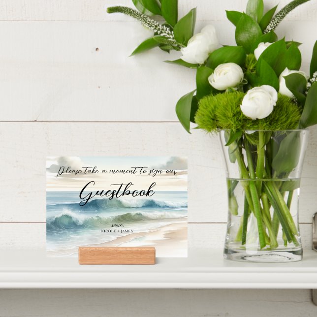 Watercolor Beach Waves Coastal Beach Wedding Sign Holder (Insitu 4)