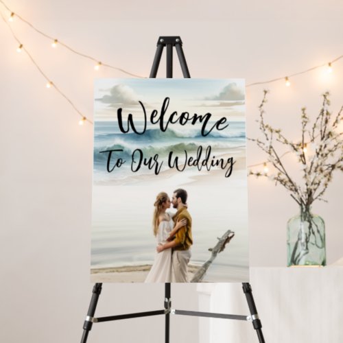 Watercolor Beach Waves Coastal Photo Wedding Sign