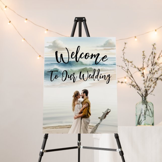 Watercolor Beach Waves Coastal Photo Wedding Sign (In Situ (Stand))