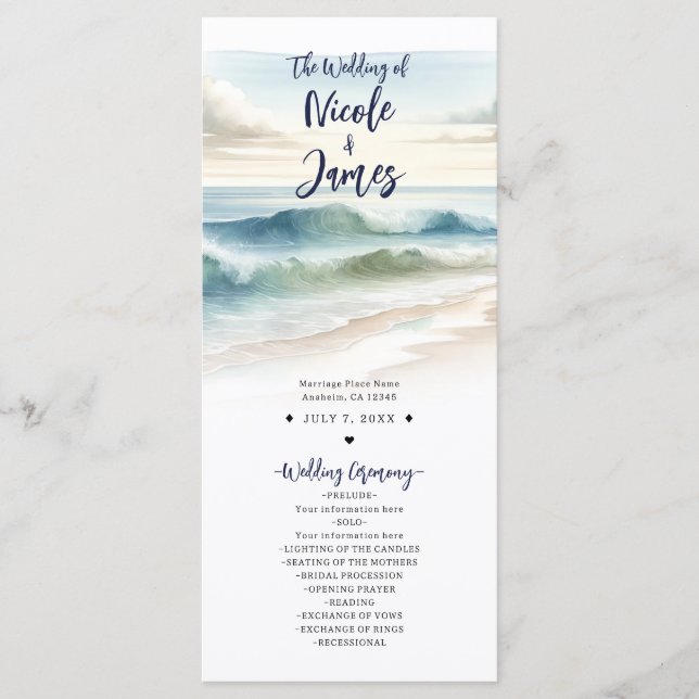 Watercolor Beach Waves Coastal Wedding Program (Front)