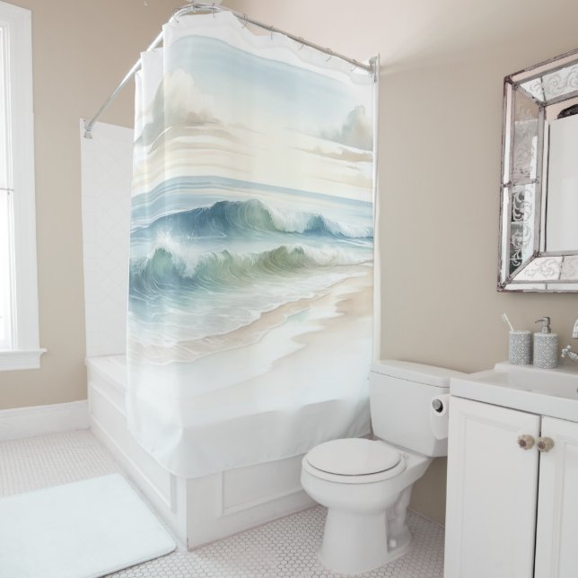 Watercolor Beach Waves Rustic Coastal  Shower Curtain (In Situ)