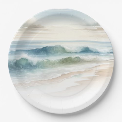 Watercolor Beach Waves Rustic Coastal Wedding Paper Plates