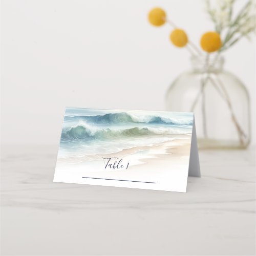 Watercolor Beach Waves Rustic Wedding Seating Place Card