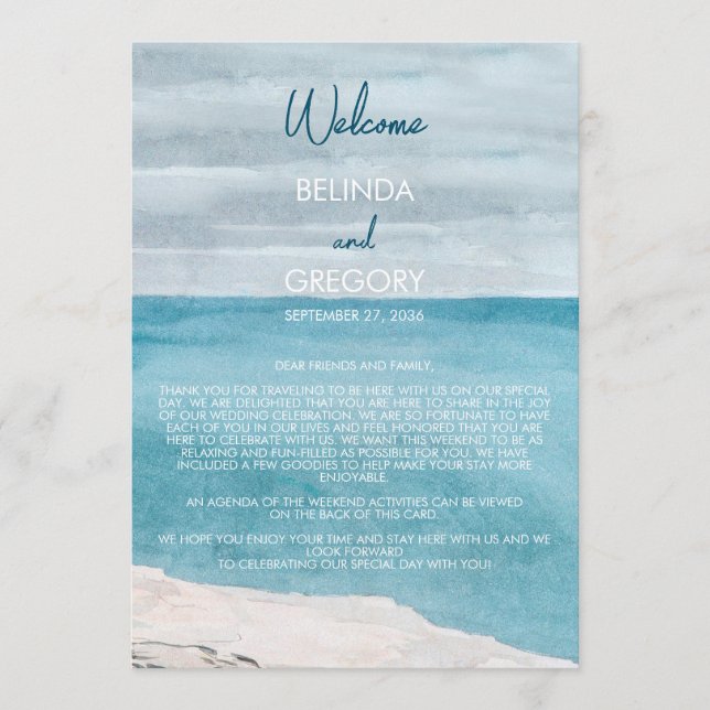 Watercolor Beach Waves Wedding Itinerary Program (Front)