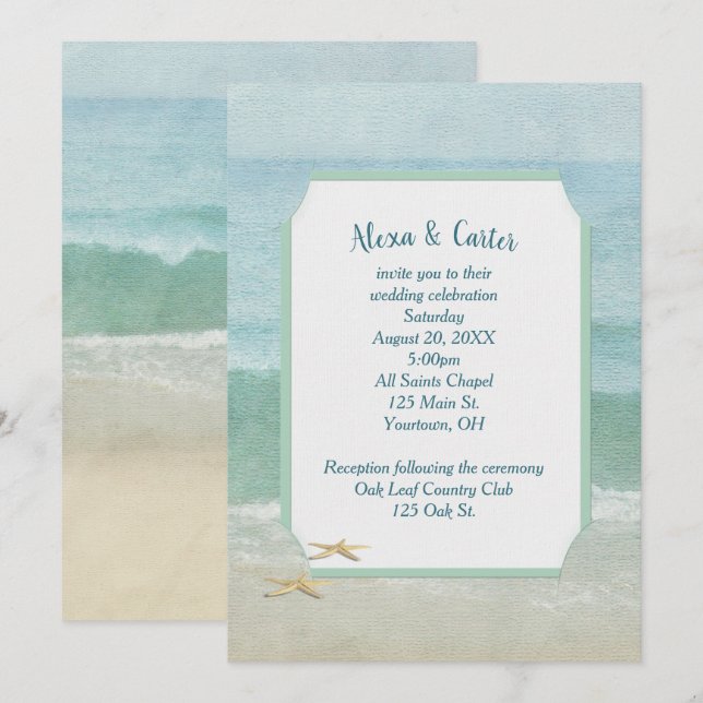 Watercolor Beach Wedding and Starfish Invitation (Front/Back)