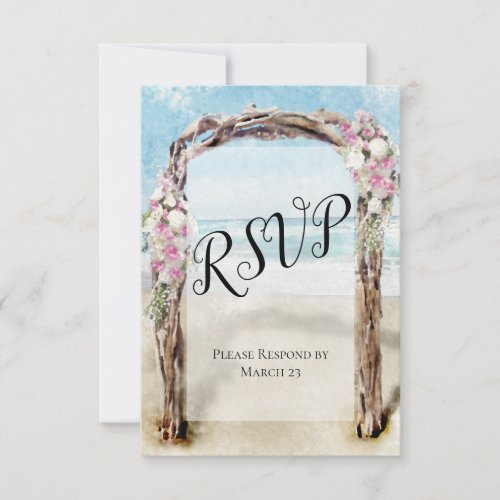 Watercolor Beach Wedding Arch with Roses RSVP Card