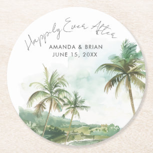 Watercolor Beach Wedding Happily Ever After Round Paper Coaster