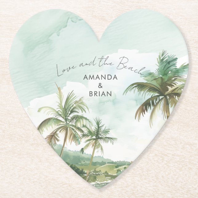 Watercolor Beach Wedding Heart Paper Coaster (Front)