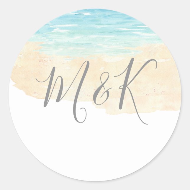 Watercolor Beach Wedding initials Name Favors Classic Round Sticker (Front)