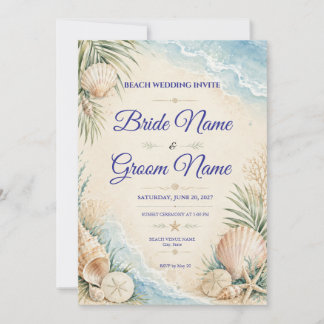 Watercolor Beach Wedding Invitation with Seashells