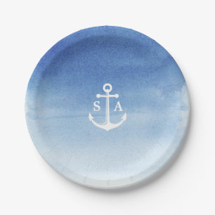 Watercolor beach wedding nautical anchor monogram paper plates