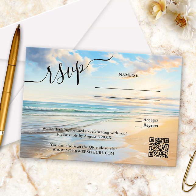 Watercolor Beach Wedding RSVP Card (Elegant wedding RSVP card featuring a watercolor painting of a beach on a happy sunny day - QR code)