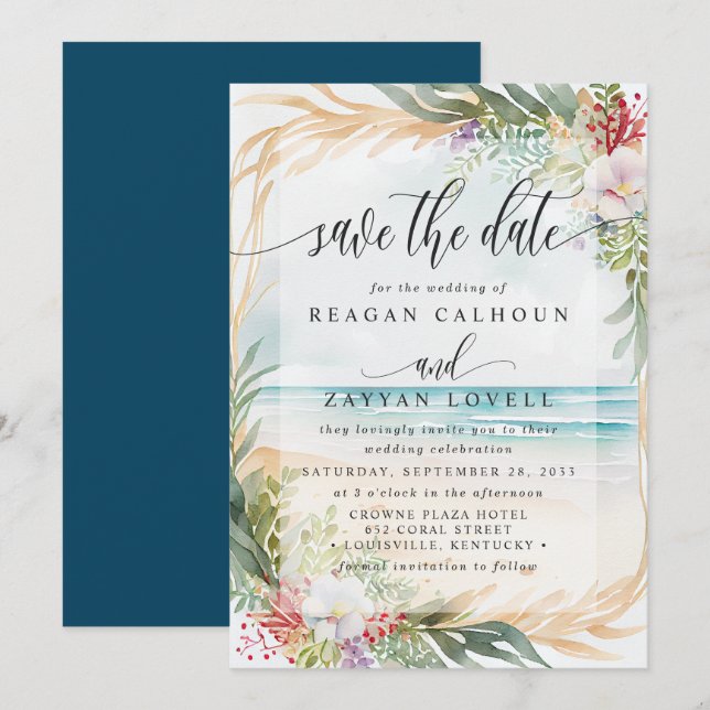 Watercolor Beach Wedding Save The Date Card (Front/Back)