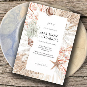 Watercolor Beach Wedding Seashells Coral Pampas Invitation