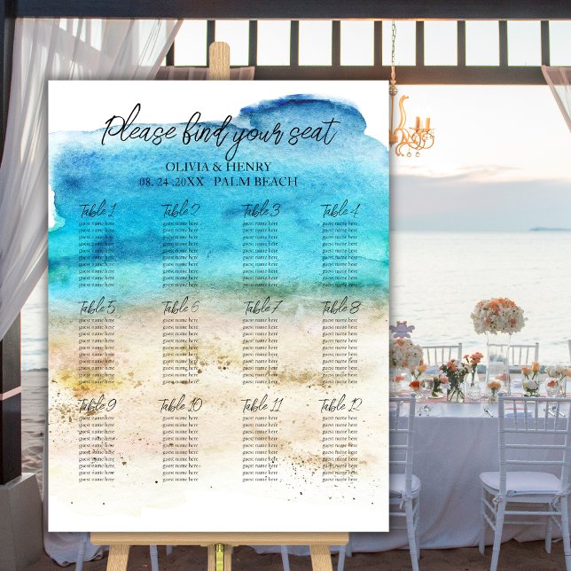 Watercolor Beach Wedding Seating Chart Foam Board (Creator Uploaded)
