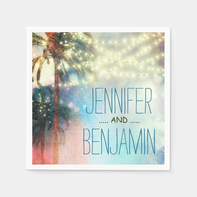 watercolor beach wedding string lights napkins (Front)