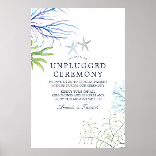 Watercolor Beach Wedding Unplugged Ceremony Poster