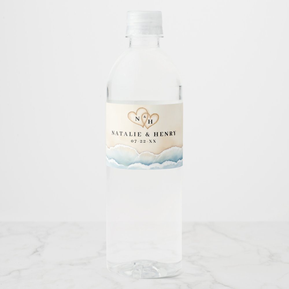 Watercolor Beach Wedding Water Bottle Label 