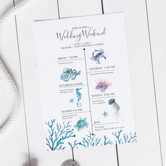 Watercolor Beach Wedding Weekend Timeline (Wedding weekend illustrated itinerary invitation watercolor ocean creatures Victoria Grigaliunas )