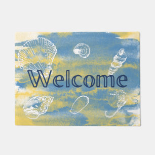Watercolor Beach Welcome Blue Yellow Doormat