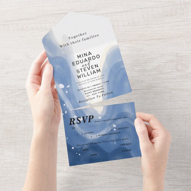 Watercolor Beach with waves wedding  All In One Invitation (Tearaway)