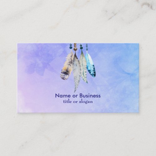 Watercolor Beads and Feathers on a Purple Backdrop Business Card