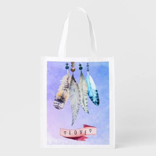 Watercolor Beads n Feathers and Love Reusable Grocery Bag