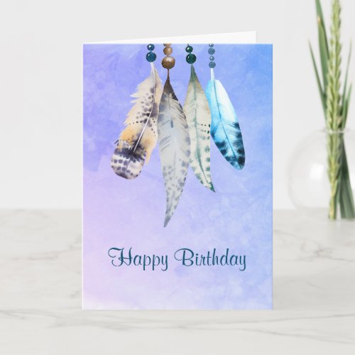 Watercolor Beads n Feathers Happy Birthday Card