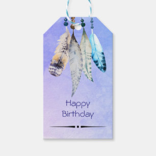 Watercolor Beads 'n Feathers Happy Birthday Gift Tags