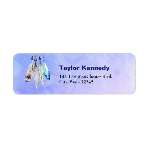 Watercolor Beads n Feathers on Blue Purple Back Label