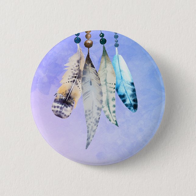 Watercolor Beads 'n Feathers on Bluish Purple Button (Front)