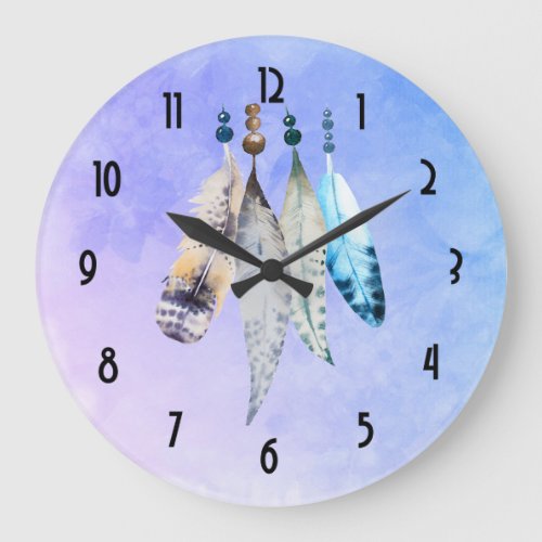 Watercolor Beads n Feathers on Bluish Purple Large Clock