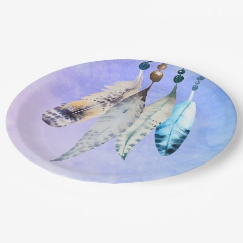 Watercolor Beads n Feathers on Bluish Purple Paper Plates