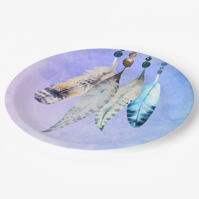 Watercolor Beads 'n Feathers on Bluish Purple Paper Plates (Angled)
