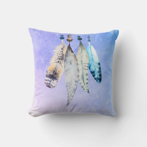 Watercolor Beads n Feathers on Bluish Purple Throw Pillow