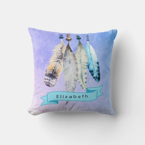 Watercolor Beads n Feathers on Bluish Purple Throw Pillow