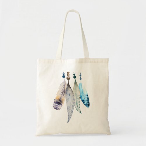 Watercolor Beads n Feathers on Bluish Purple Tote Bag