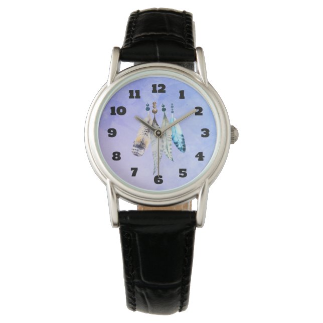 Watercolor Beads 'n Feathers on Bluish Purple Watch (Front)